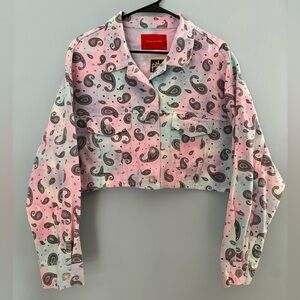 NEW Signature8 Women Cropped Denim Jacket Paisley Print Tie Dye Size Medium